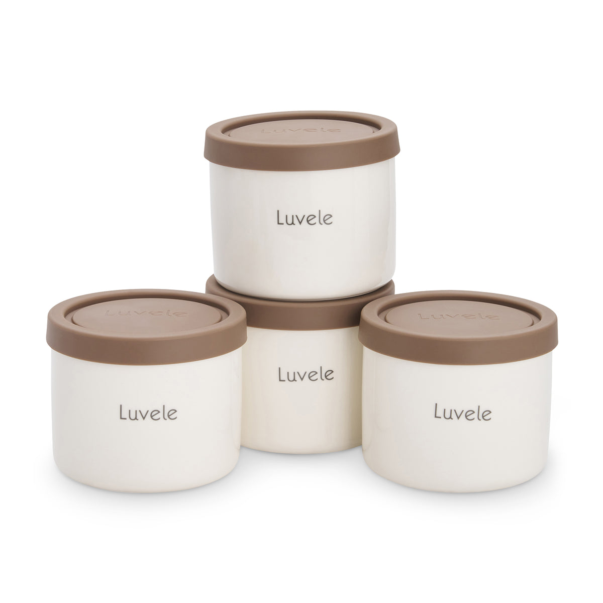 Set of four Luvele containers with brown lids on a white background