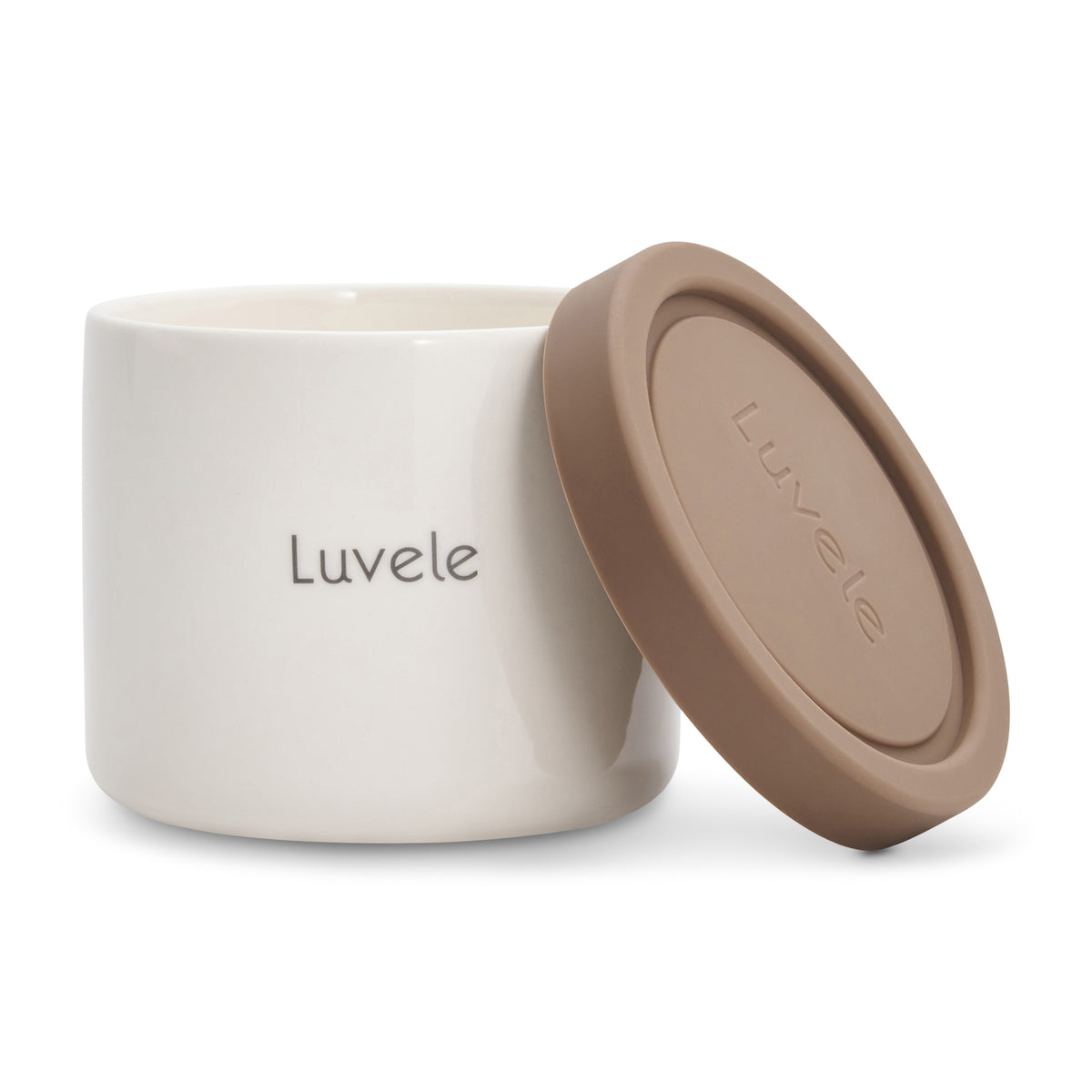 White container with brown lid featuring the Luvele brand on a white background