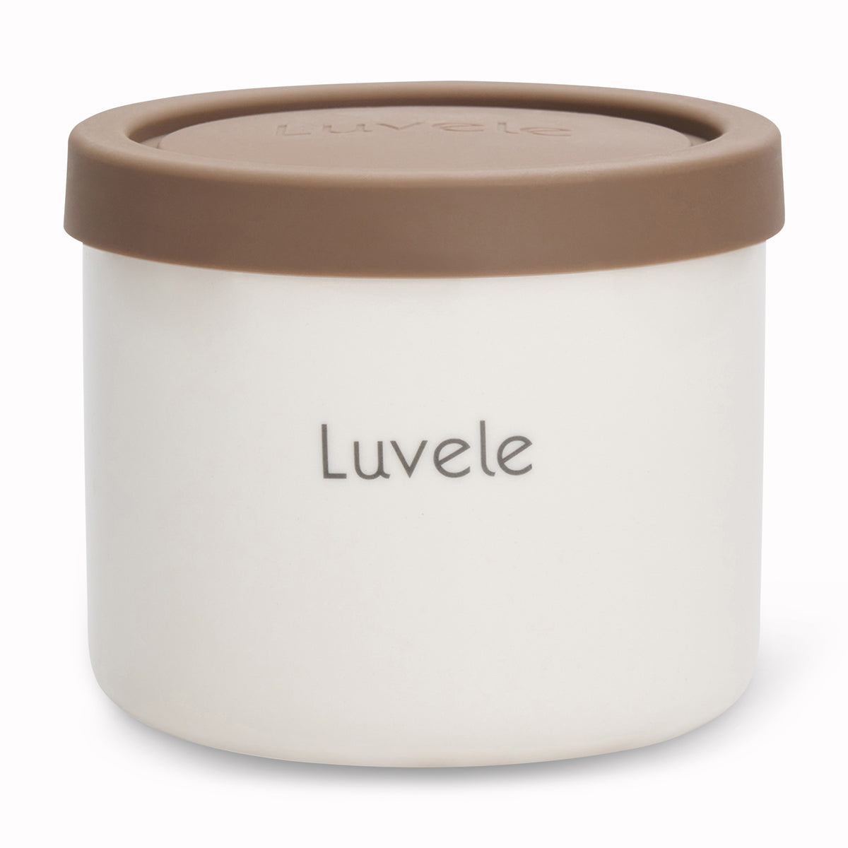 White container with brown lid featuring the brand 'Luvele' on a white background