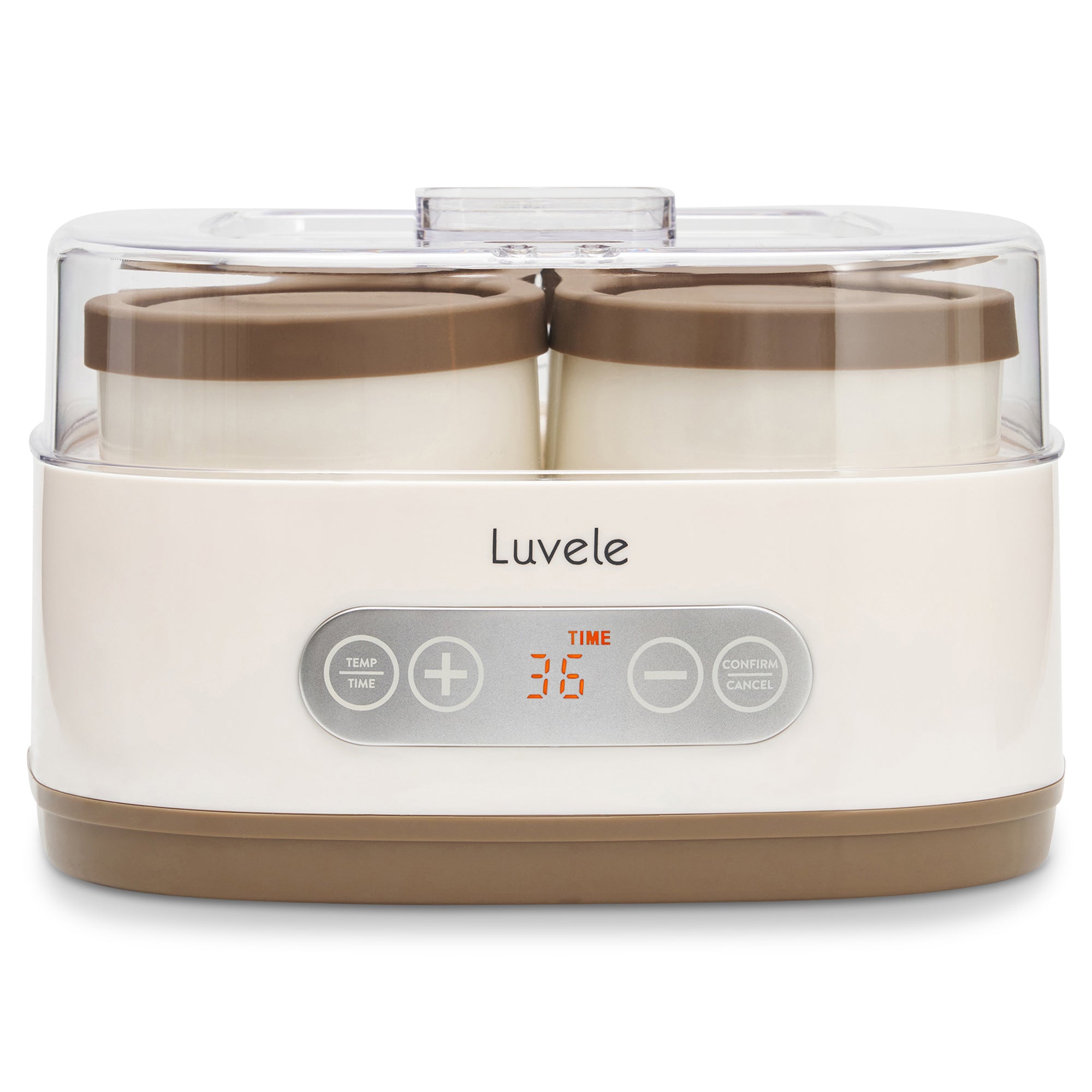 Luvele yogurt maker with two brown lids on a white background